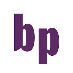 The letters "bp" in purple with lines representing spotlights highlighting the letters