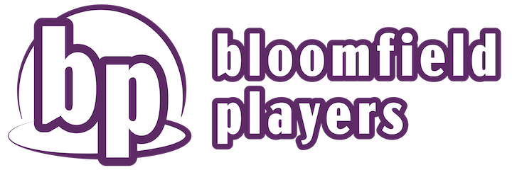 The letters "bp" in white and outlined in purple with lines representing spotlights highlighting the letters. Also, the words "Bloomfield Players" in white with a purple outline